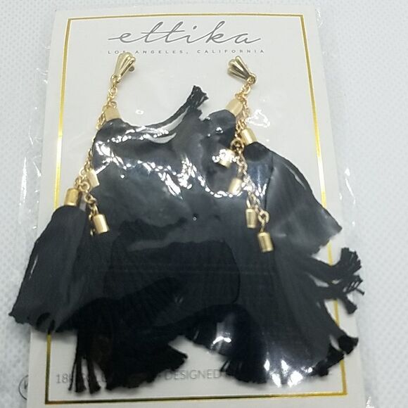NWT Ettika 18k Gold Plated Black Tassel Earrings - Picture 3 of 3